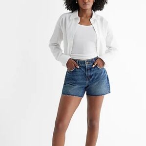 *Final Price* NWT Express Mid Rise Medium Wash Raw Hem Midi Denim Jean Shorts